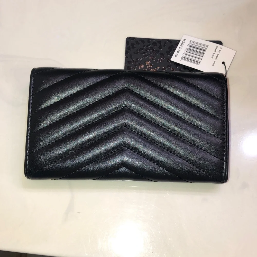Baby Phat Black Faux Leather Quilted Chevron Flap Clutch Wallet Cat Logo NWT